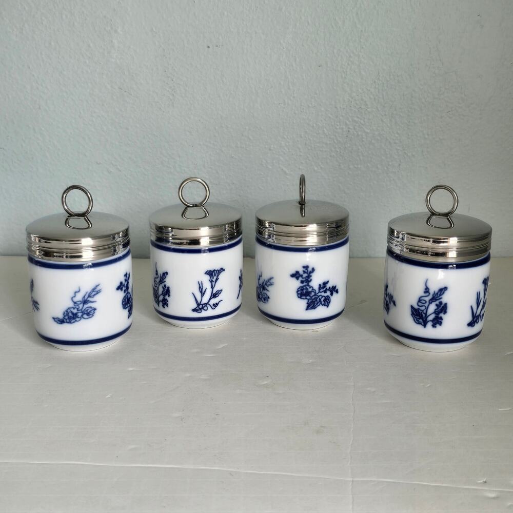 Williams Sonoma 4 French Floral Egg Coddler Colbalt Blue White Chinoiserie